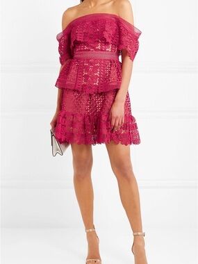 Off-Shoulder Lace Mini Skirt in Magenta